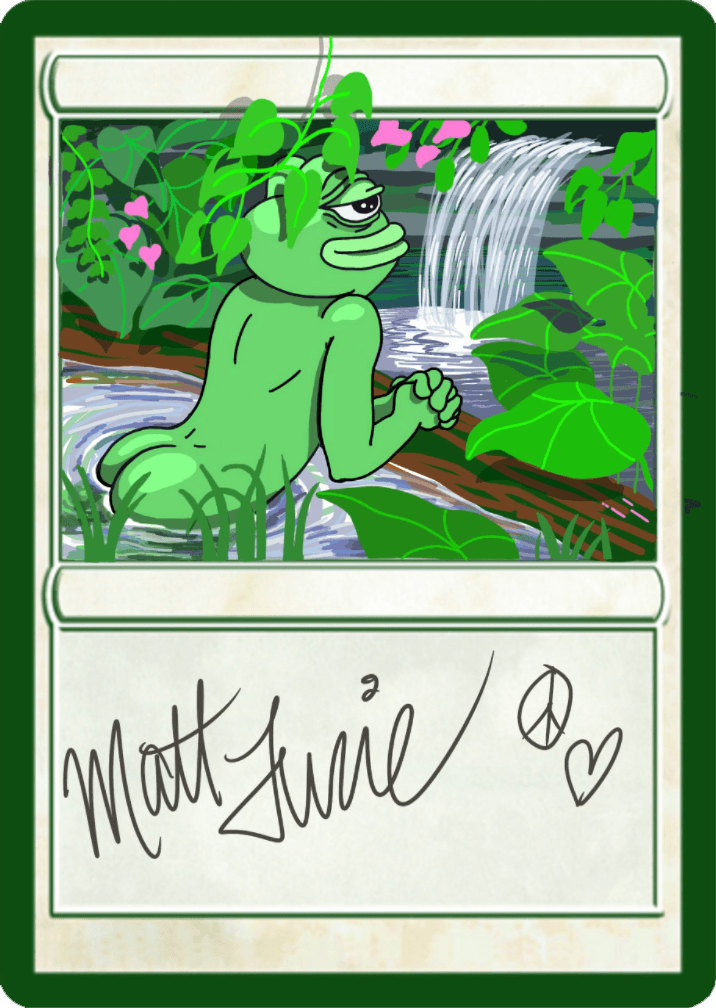 an image of a trading card depicting Pepe the frog at rest near a waterfall