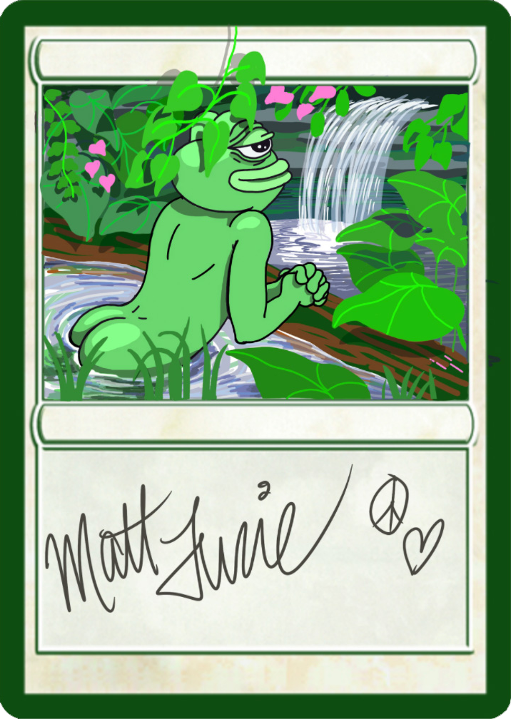an image of a trading card depicting Pepe the frog at rest near a waterfall